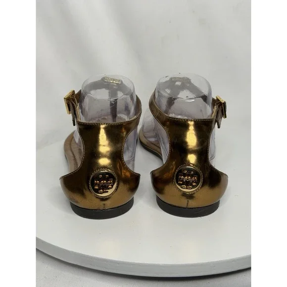 Tory Burch Metallic Leather T Strap Thong Sandals US 7.5 Gold Logo Flats - Picture 5 of 9